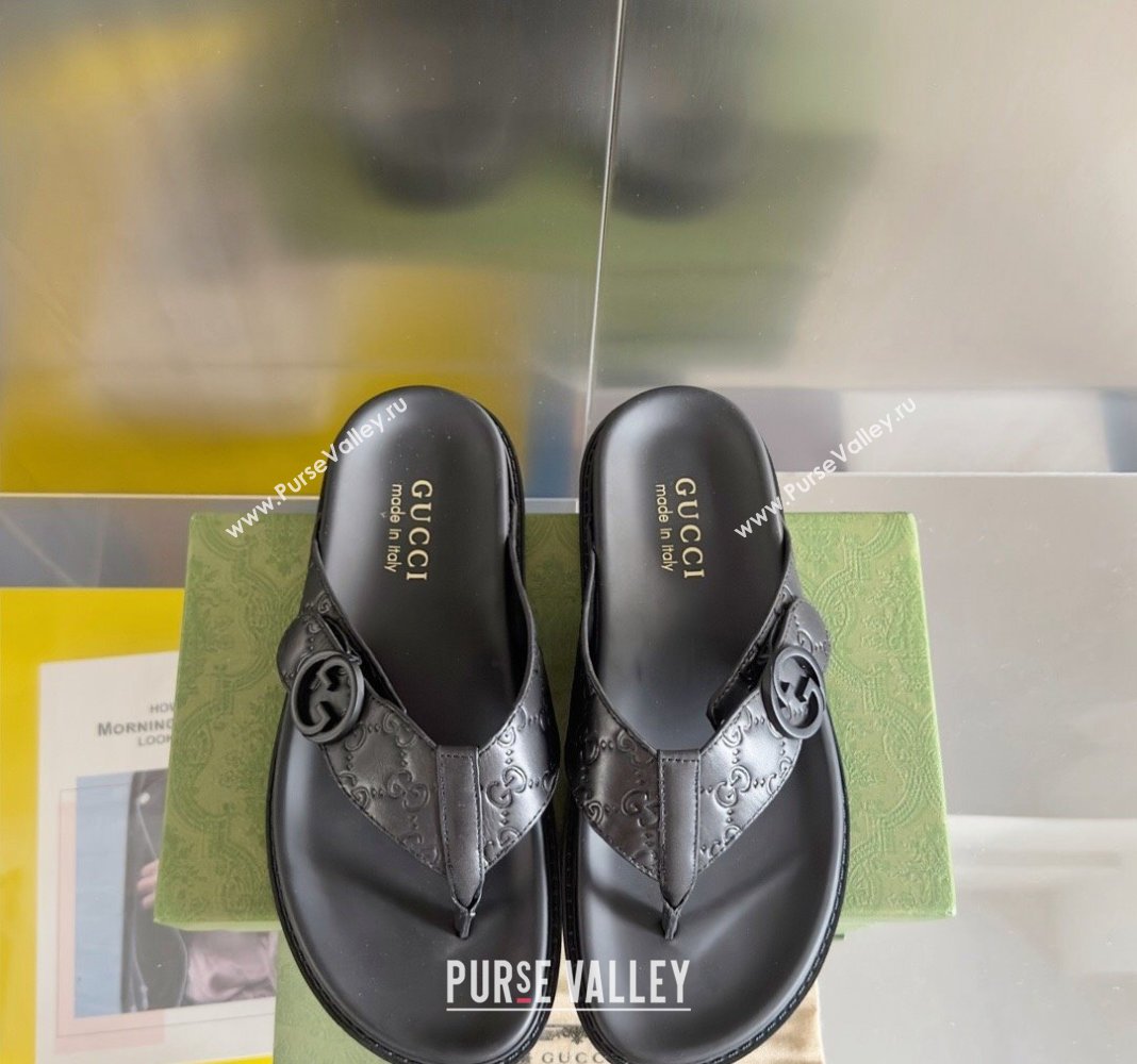 Gucci Mens GG Leather Flat Thong Slide Sandals Black 2024 0427 (KL-240427099)