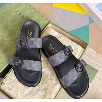 Gucci Mens GG Canvas Flat Slide Sandals with Double Strap Black 2024 0427 (KL-240427092)
