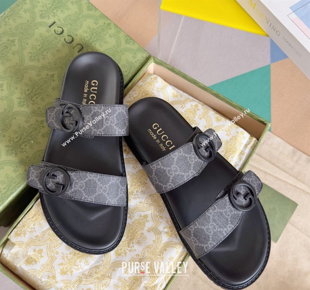 Gucci Mens GG Canvas Flat Slide Sandals with Double Strap Black 2024 0427 (KL-240427092)