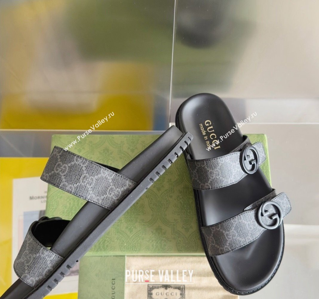 Gucci Mens GG Canvas Flat Slide Sandals with Double Strap Black 2024 0427 (KL-240427092)