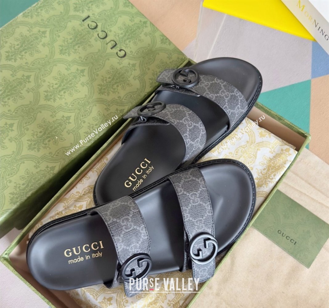 Gucci Mens GG Canvas Flat Slide Sandals with Double Strap Black 2024 0427 (KL-240427092)