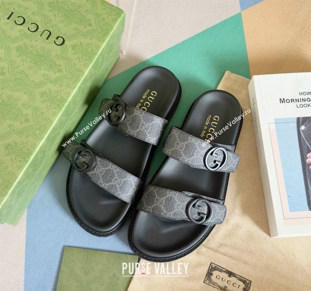 Gucci Mens GG Canvas Flat Slide Sandals with Double Strap Black 2024 0427 (KL-240427092)