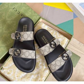 Gucci Mens GG Canvas Flat Slide Sandals with Double Strap Beige 2024 0427 (KL-240427093)