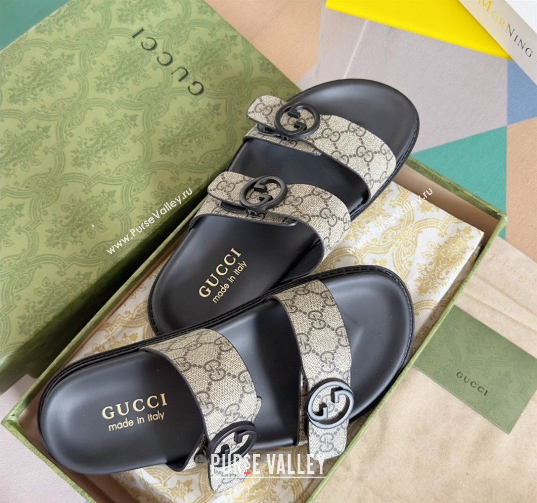 Gucci Mens GG Canvas Flat Slide Sandals with Double Strap Beige 2024 0427 (KL-240427093)