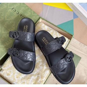 Gucci Mens GG Leather Flat Slide Sandals with Double Strap Black 2024 0427 (KL-240427100)