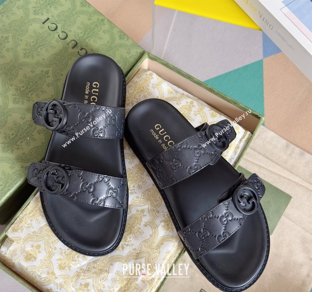 Gucci Mens GG Leather Flat Slide Sandals with Double Strap Black 2024 0427 (KL-240427100)