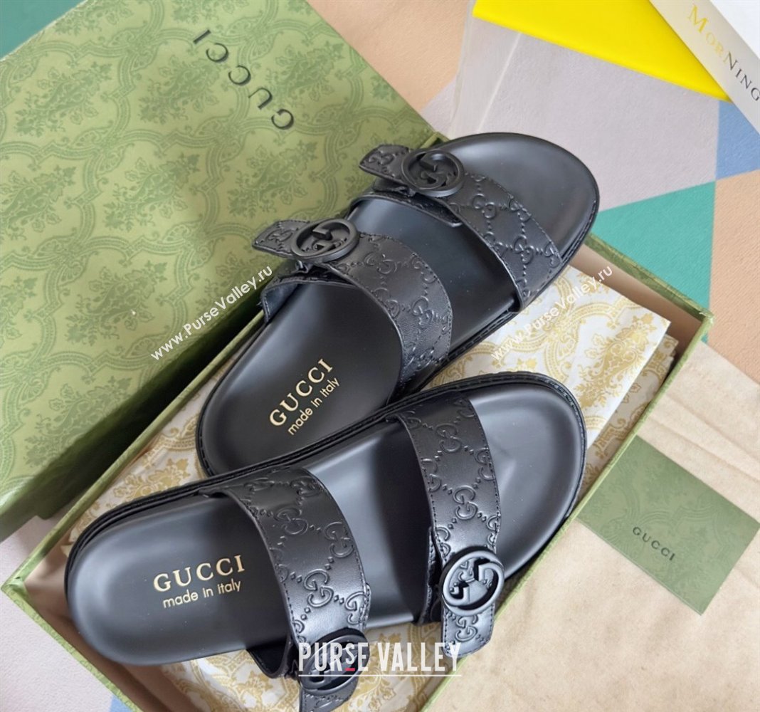 Gucci Mens GG Leather Flat Slide Sandals with Double Strap Black 2024 0427 (KL-240427100)