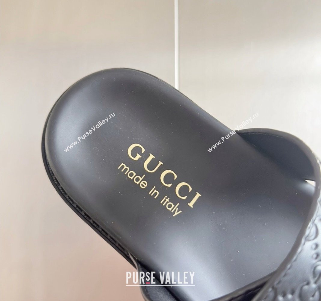 Gucci Mens GG Leather Flat Slide Sandals with Double Strap Black 2024 0427 (KL-240427100)