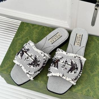 Gucci Interlocking G Flat Slide Sandals in Frayed Canvas Black 2024 (MD-240429001)