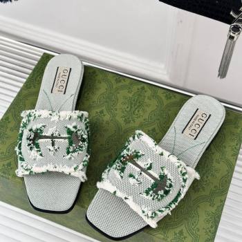 Gucci Interlocking G Flat Slide Sandals in Frayed Canvas Green 2024 (MD-240429002)