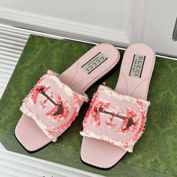 Gucci Interlocking G Flat Slide Sandals in Frayed Canvas Pink 2024 (MD-240429003)