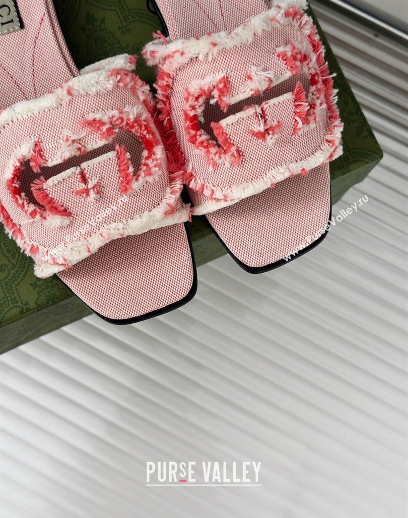 Gucci Interlocking G Flat Slide Sandals in Frayed Canvas Pink 2024 (MD-240429003)