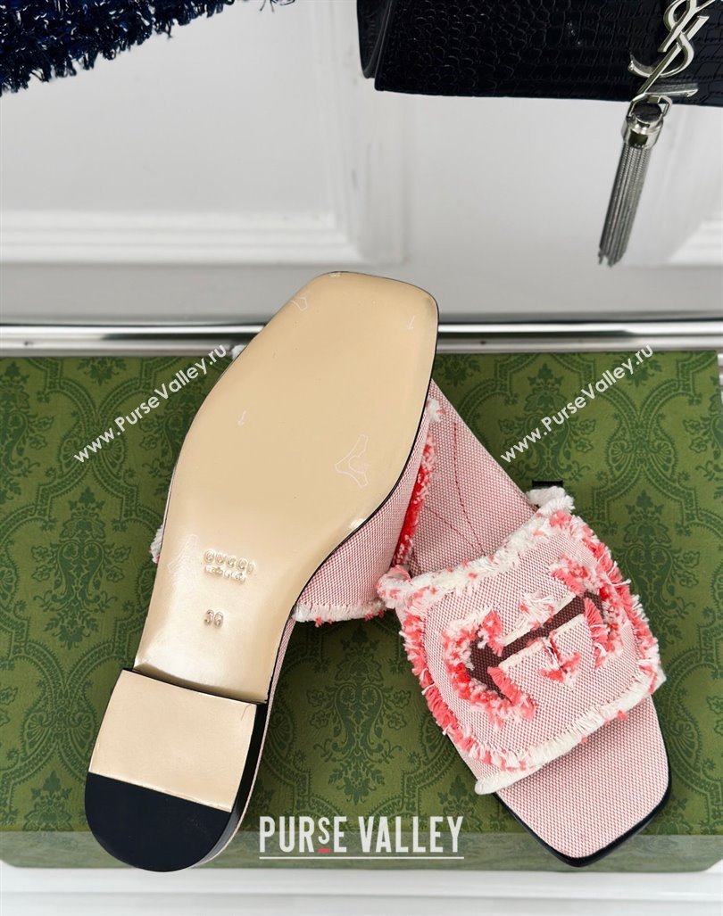 Gucci Interlocking G Flat Slide Sandals in Frayed Canvas Pink 2024 (MD-240429003)