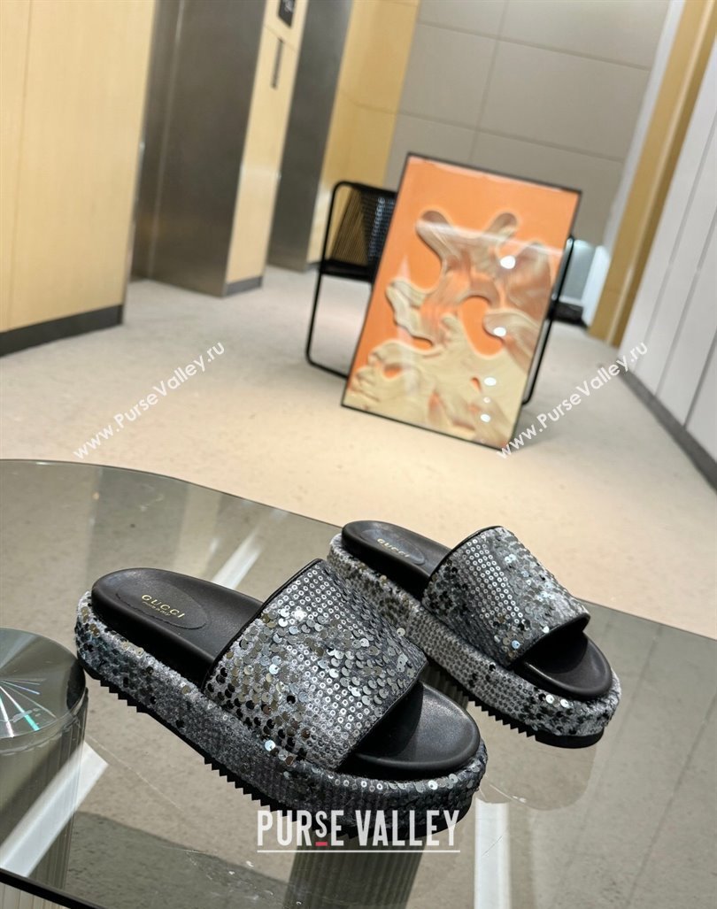 Gucci Platform Slide Sandals 5.5cm with Sequins Grey 2024 0429 (MD-240429004)