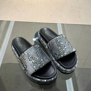 Gucci Platform Slide Sandals 5.5cm with Sequins Grey 2024 0429 (MD-240429004)