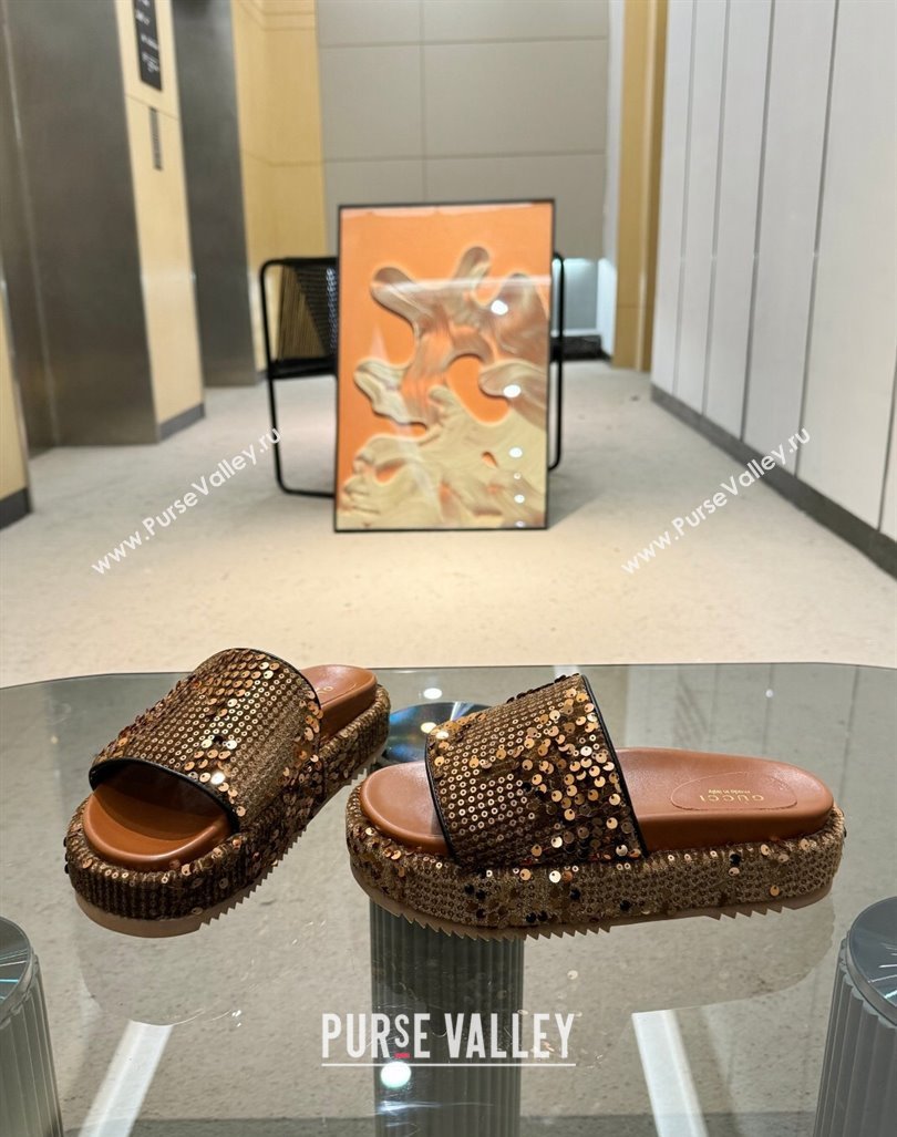 Gucci Platform Slide Sandals 5.5cm with Sequins Brown 2024 0429 (MD-240429005)