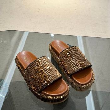 Gucci Platform Slide Sandals 5.5cm with Sequins Brown 2024 0429 (MD-240429005)