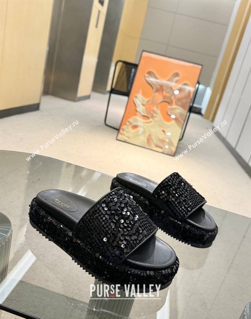 Gucci Platform Slide Sandals 5.5cm with Sequins Black 2024 0429 (MD-240429007)