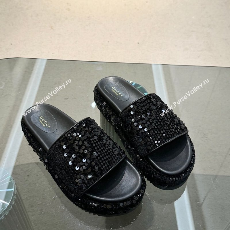 Gucci Platform Slide Sandals 5.5cm with Sequins Black 2024 0429 (MD-240429007)