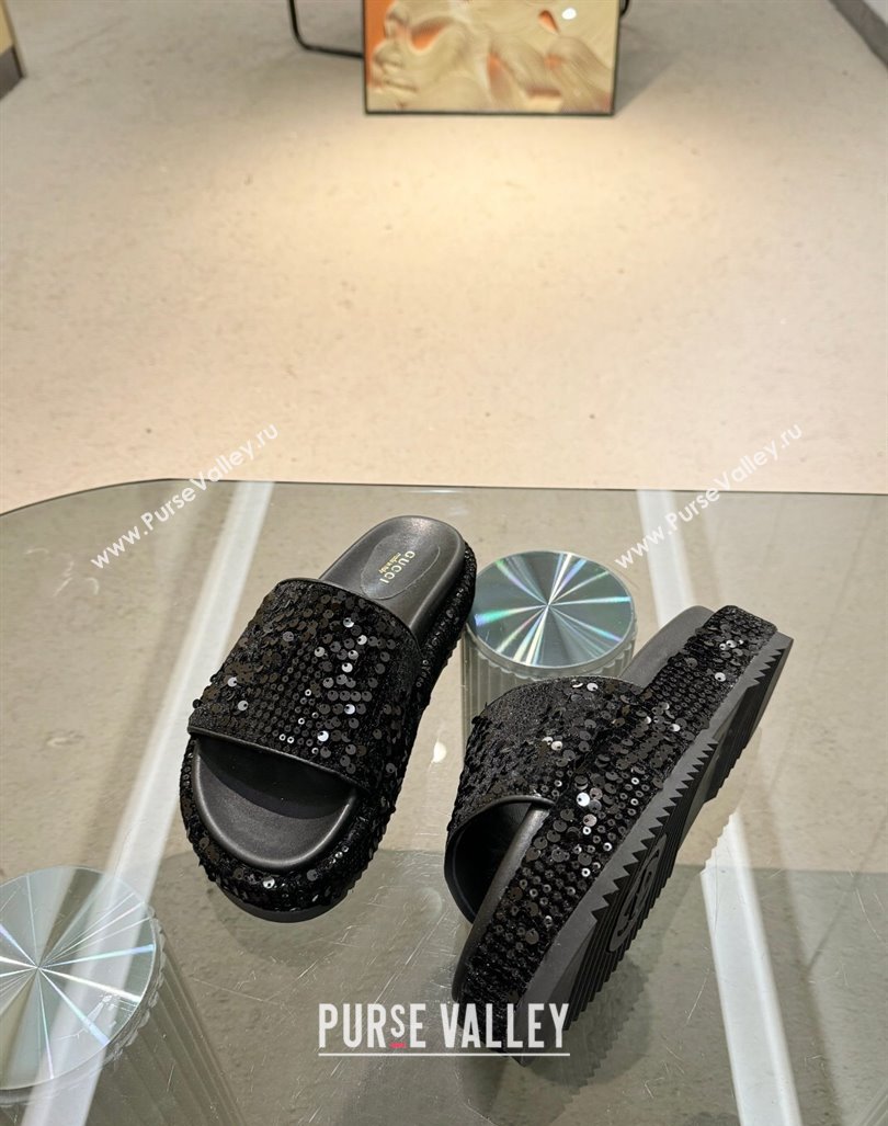 Gucci Platform Slide Sandals 5.5cm with Sequins Black 2024 0429 (MD-240429007)