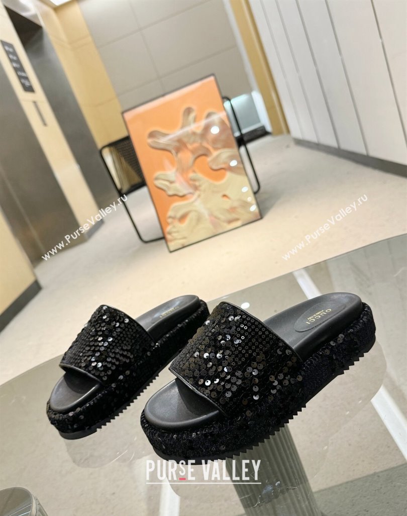 Gucci Platform Slide Sandals 5.5cm with Sequins Black 2024 0429 (MD-240429007)