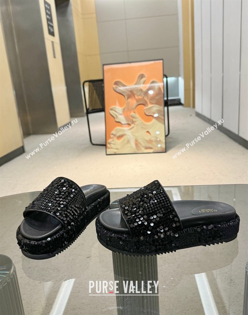 Gucci Platform Slide Sandals 5.5cm with Sequins Black 2024 0429 (MD-240429007)