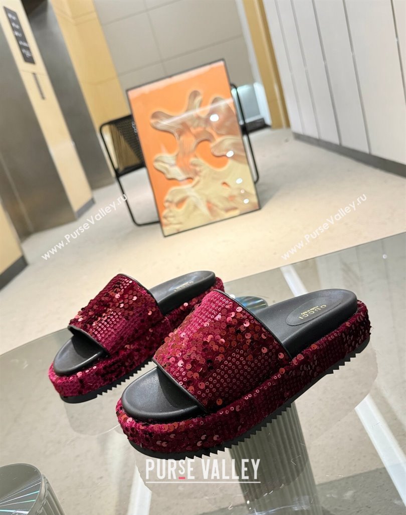 Gucci Platform Slide Sandals 5.5cm with Sequins Burgundy 2024 0429 (MD-240429008)