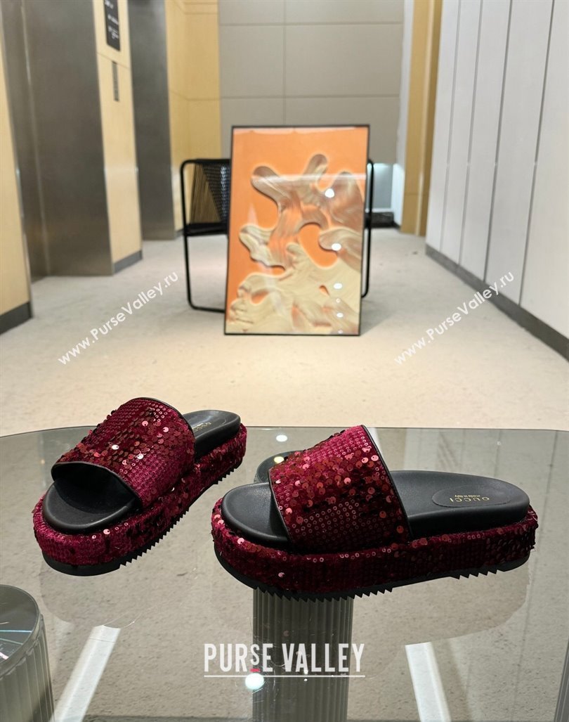 Gucci Platform Slide Sandals 5.5cm with Sequins Burgundy 2024 0429 (MD-240429008)