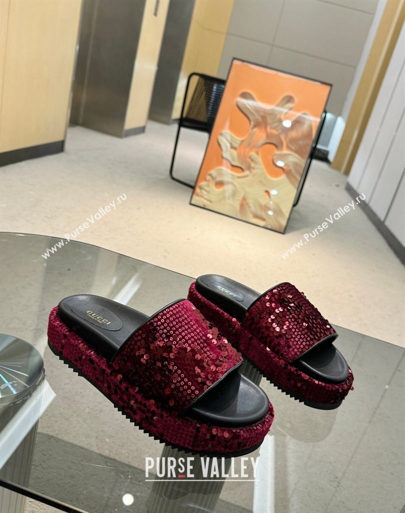 Gucci Platform Slide Sandals 5.5cm with Sequins Burgundy 2024 0429 (MD-240429008)