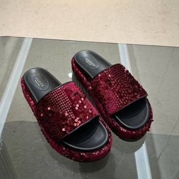 Gucci Platform Slide Sandals 5.5cm with Sequins Burgundy 2024 0429 (MD-240429008)