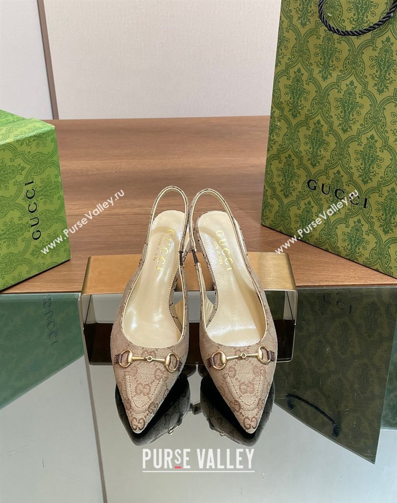 Gucci GG Canvas Slingback Pumps 4.5cm with Horsebit Beige 2024 782627 (MD-240427020)