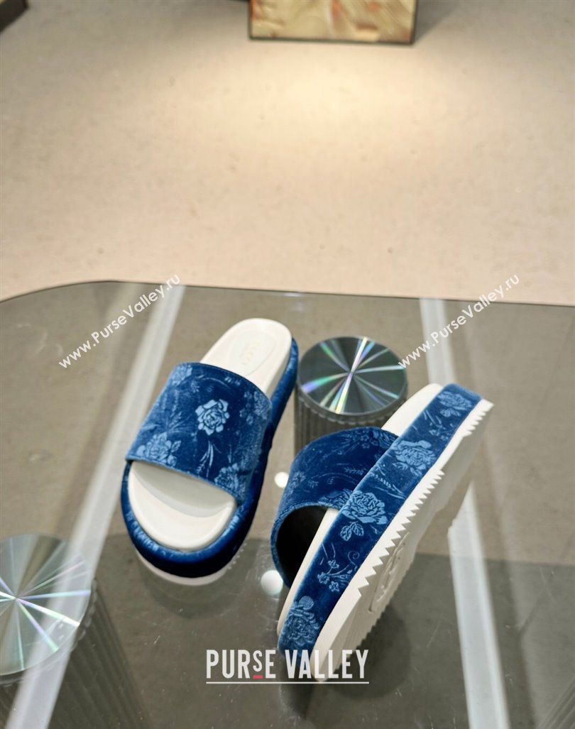 Gucci Platform Slide Sandals 5.5cm in Printed Velvet Blue 2024 0429 (MD-240429010)