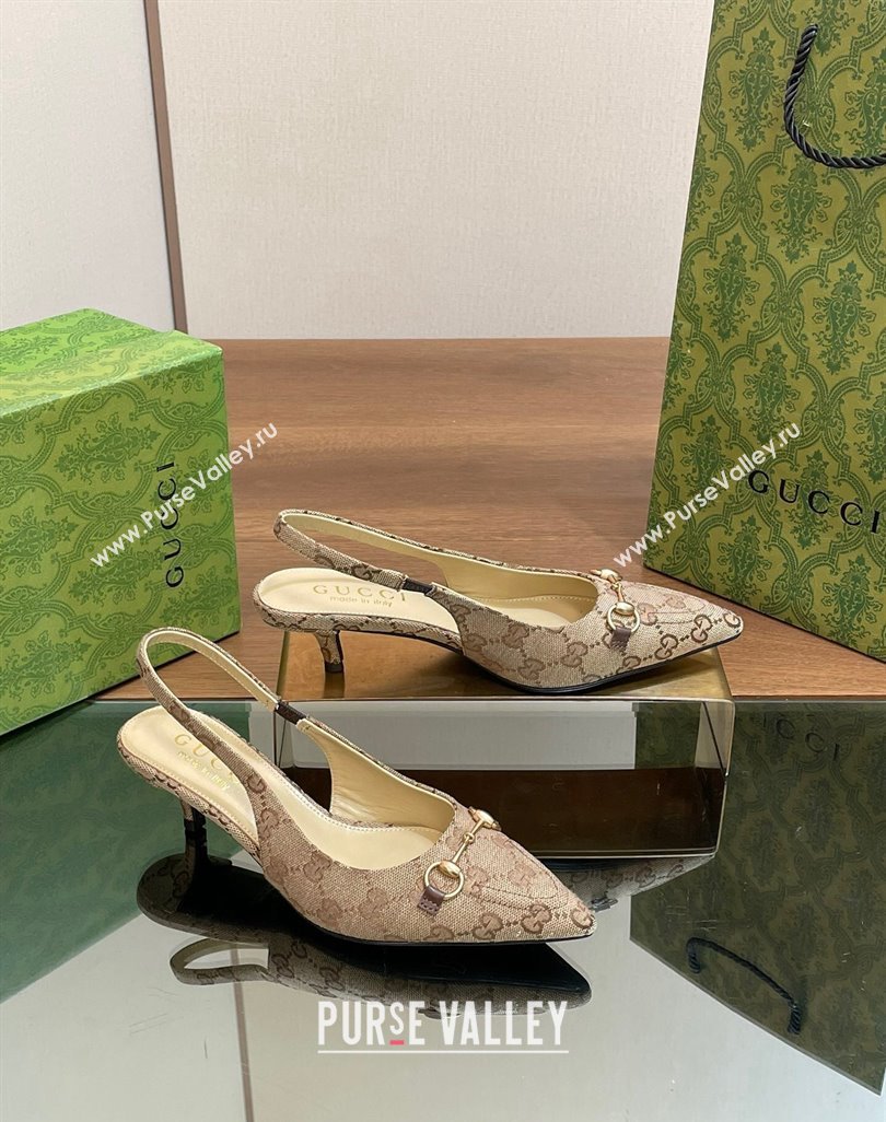 Gucci GG Canvas Slingback Pumps 4.5cm with Horsebit Beige 2024 782627 (MD-240427020)