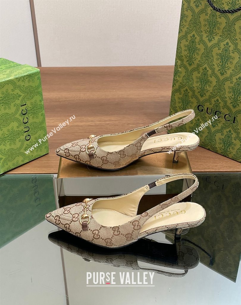 Gucci GG Canvas Slingback Pumps 4.5cm with Horsebit Beige 2024 782627 (MD-240427020)