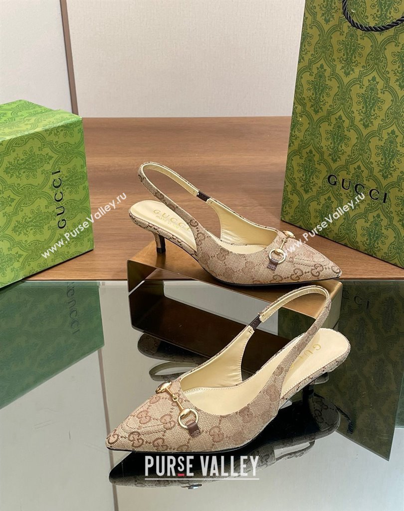 Gucci GG Canvas Slingback Pumps 4.5cm with Horsebit Beige 2024 782627 (MD-240427020)