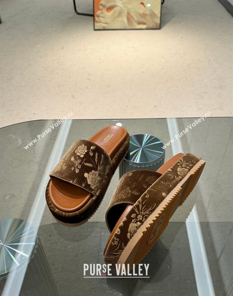 Gucci Platform Slide Sandals 5.5cm in Printed Velvet Brown 2024 0429 (MD-240429013)