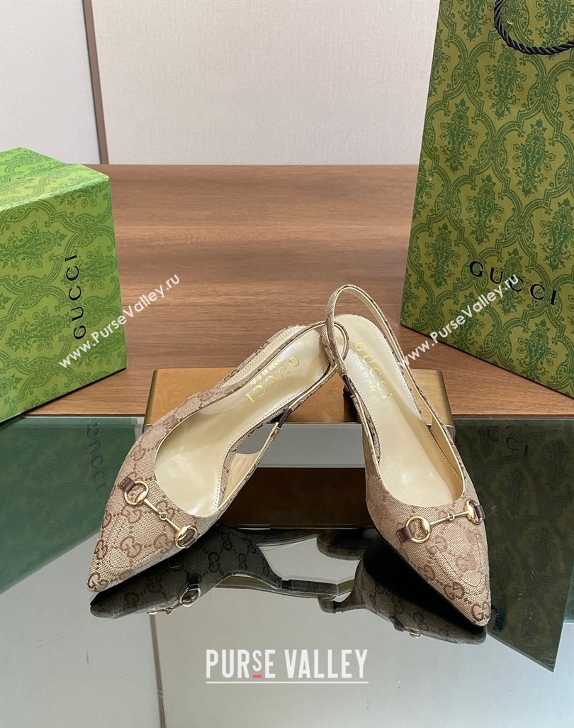 Gucci GG Canvas Slingback Pumps 4.5cm with Horsebit Beige 2024 782627 (MD-240427020)