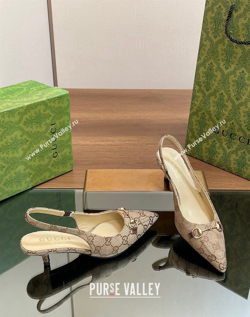 Gucci GG Canvas Slingback Pumps 4.5cm with Horsebit Beige 2024 782627 (MD-240427020)
