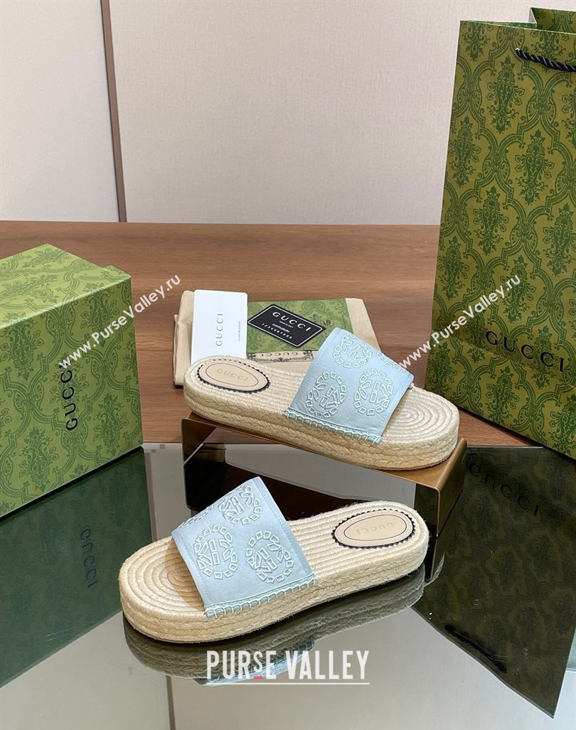 Gucci Interlocking G Canvas Platform Espadrille Slide Sandals Light Blue 2024 (MD-240429015)