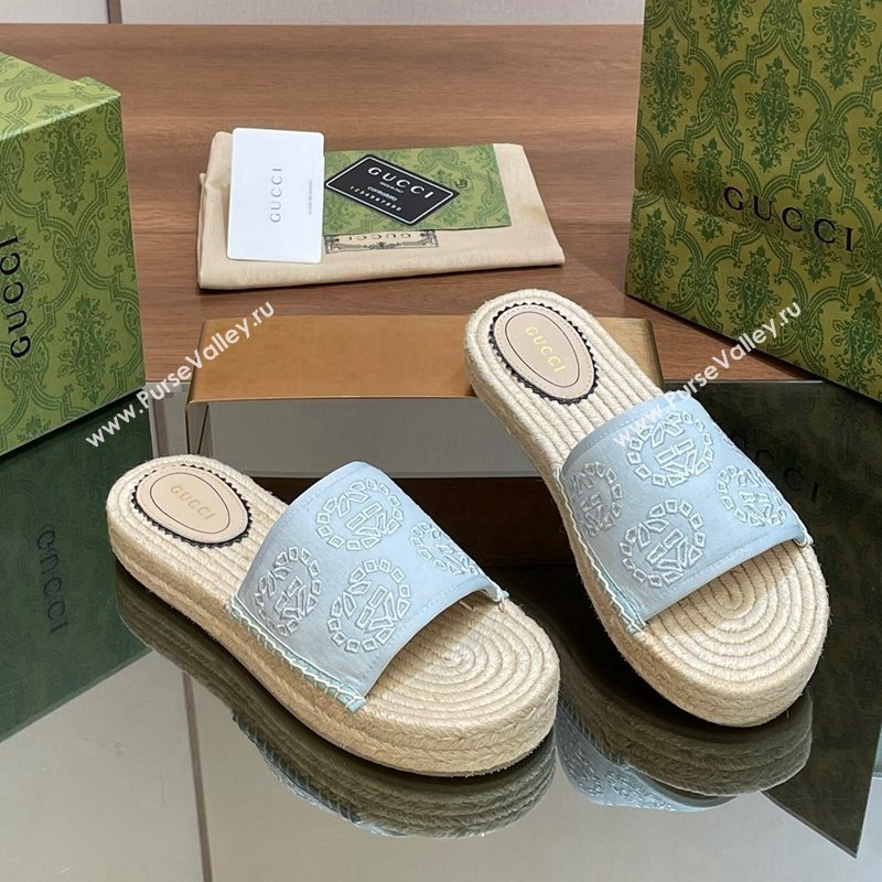 Gucci Interlocking G Canvas Platform Espadrille Slide Sandals Light Blue 2024 (MD-240429015)