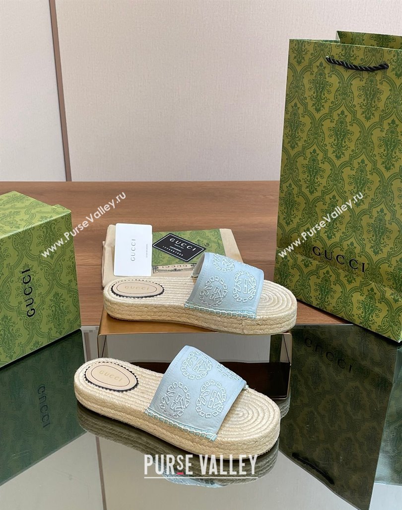 Gucci Interlocking G Canvas Platform Espadrille Slide Sandals Light Blue 2024 (MD-240429015)