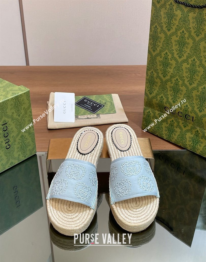 Gucci Interlocking G Canvas Platform Espadrille Slide Sandals Light Blue 2024 (MD-240429015)