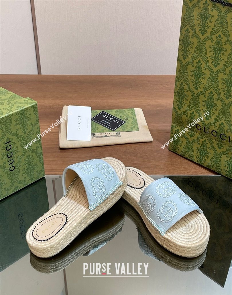 Gucci Interlocking G Canvas Platform Espadrille Slide Sandals Light Blue 2024 (MD-240429015)