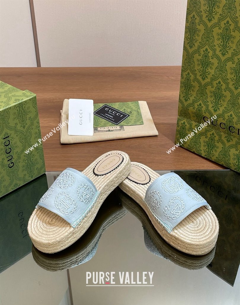 Gucci Interlocking G Canvas Platform Espadrille Slide Sandals Light Blue 2024 (MD-240429015)