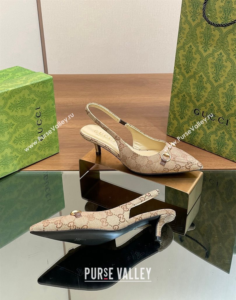 Gucci GG Canvas Slingback Pumps 4.5cm with Horsebit Beige 2024 782627 (MD-240427020)