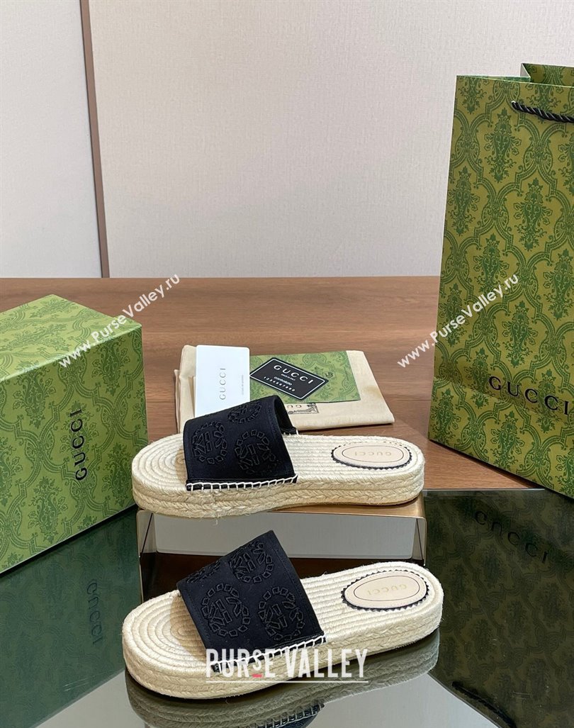 Gucci Interlocking G Canvas Platform Espadrille Slide Sandals Black 2024 (MD-240429017)