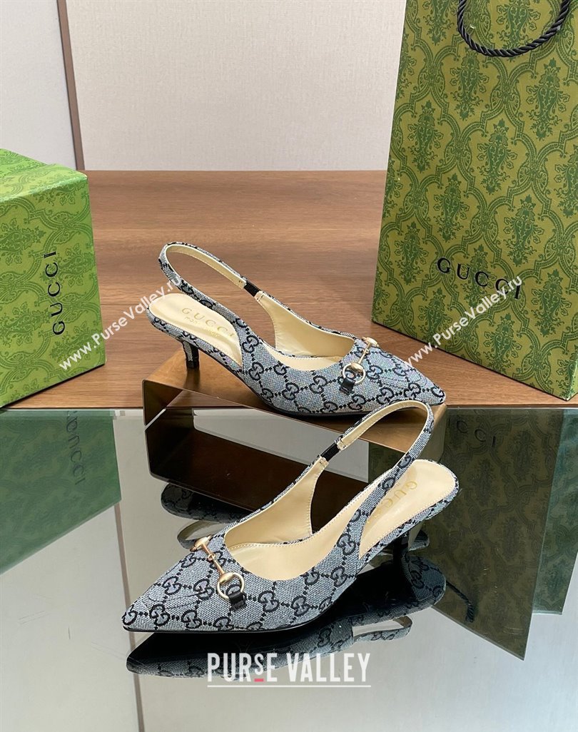 Gucci GG Canvas Slingback Pumps 4.5cm with Horsebit Blue 2024 782627 (MD-240427021)