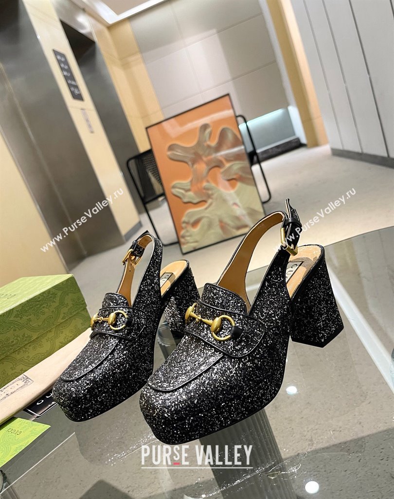 Gucci Glitters Horsebit Slingback Pumps 8.5cm 771566 Black 2024 (MD-240427012)