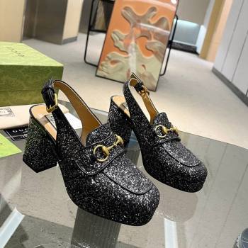 Gucci Glitters Horsebit Slingback Pumps 8.5cm 771566 Black 2024 (MD-240427012)