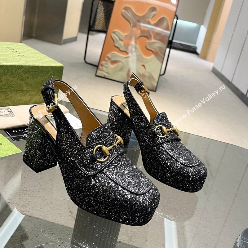 Gucci Glitters Horsebit Slingback Pumps 8.5cm 771566 Black 2024 (MD-240427012)